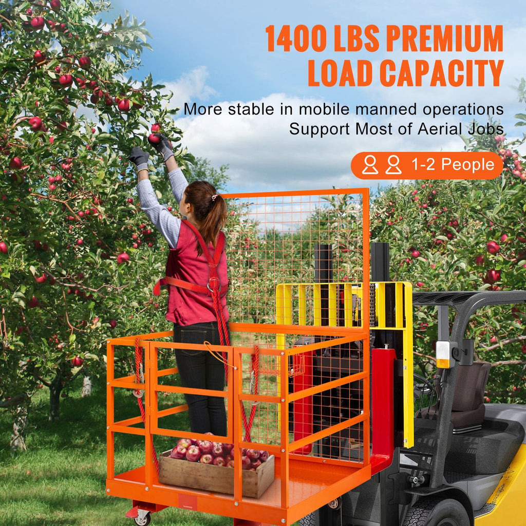 Forklift Safety Cage, 1400lbs Load Capacity, 43'' x 45'' Forklift Work Platform with Safety Harness & Lock, Drain Hole & Wheels & Tool Basket, Dual Nonslip Design Perfect for Aerial Work