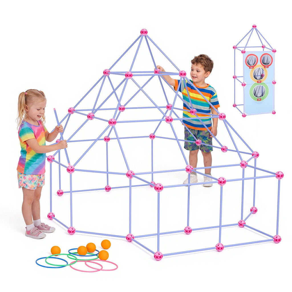 Fort Building Kit for Kids, 140 PCS Creative STEM Construction Toys, for 4 5 6 7 8+ Year Old Boys Girls, Upgraded Balls, Ring & Ball Toss, Educational Activity, Indoor Outdoor Play, Storage Bag