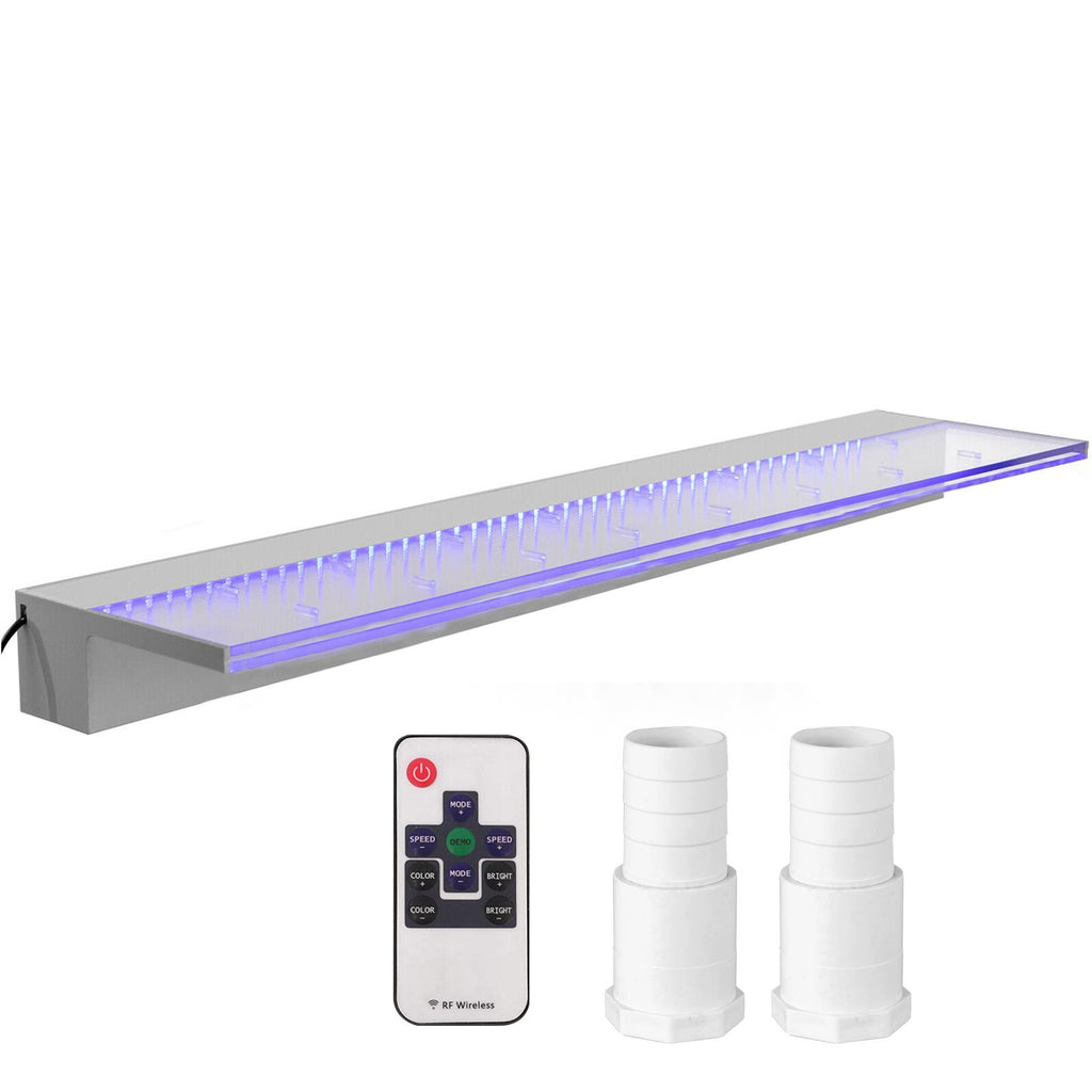 Fountain Spillway 23.6x3.2x8.1 Inch, Pool Waterfall Fountain 17 Colors Led, Pool Water Fall Kit with Remote, Pool Spillway Solid Acrylic Pool Waterfall for Garden Pond, Swimming Pool, Square