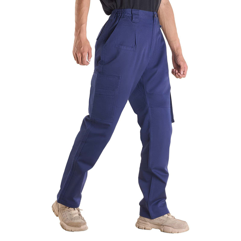 FR Pants for Men, 9 oz 100% Cotton, Flame-Resistant Cargo Pants with Multi-Pockets and Elastic Waist, Reinforced Tear-proof Stitching, Ideal for Welding Work and Casual Wear, L Size, Dark Blue