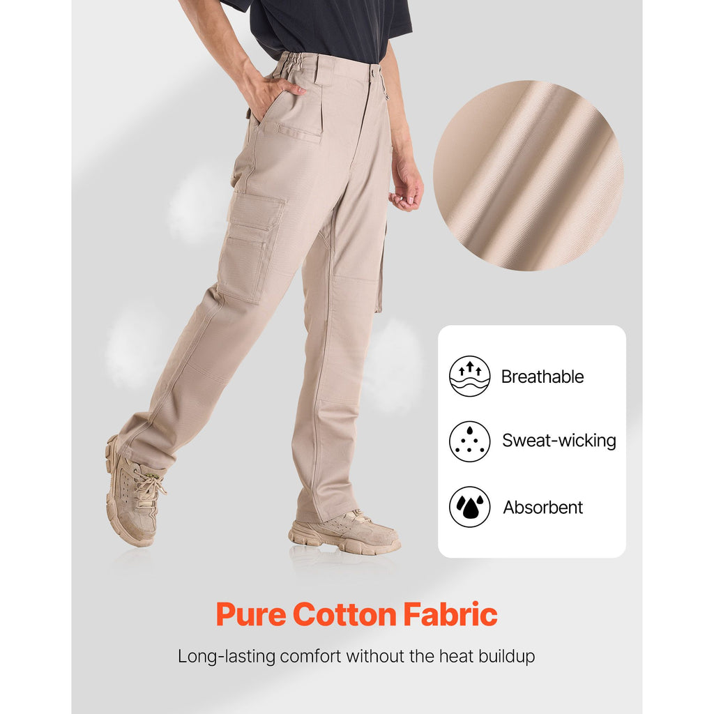 FR Pants for Men, 9 oz 100% Cotton, Flame-Resistant Cargo Pants with Multi-Pockets and Elastic Waist, Reinforced Tear-proof Stitching, Ideal for Welding Work and Casual Wear, XL Size, Khaki image 2