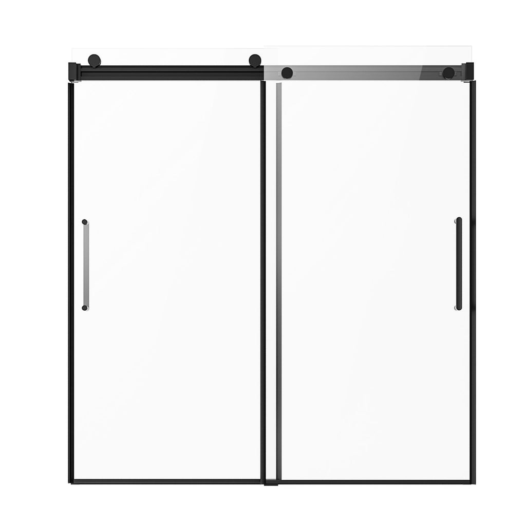 Frameless Sliding Bathtub Door, 56-60 in.W x 60 in.H, Frameless Shower Glass Door, Frameless Double Sliding Tub Door with 5/16 in Clear Tempered Glass and Stainless Steel Handle, Black Finish