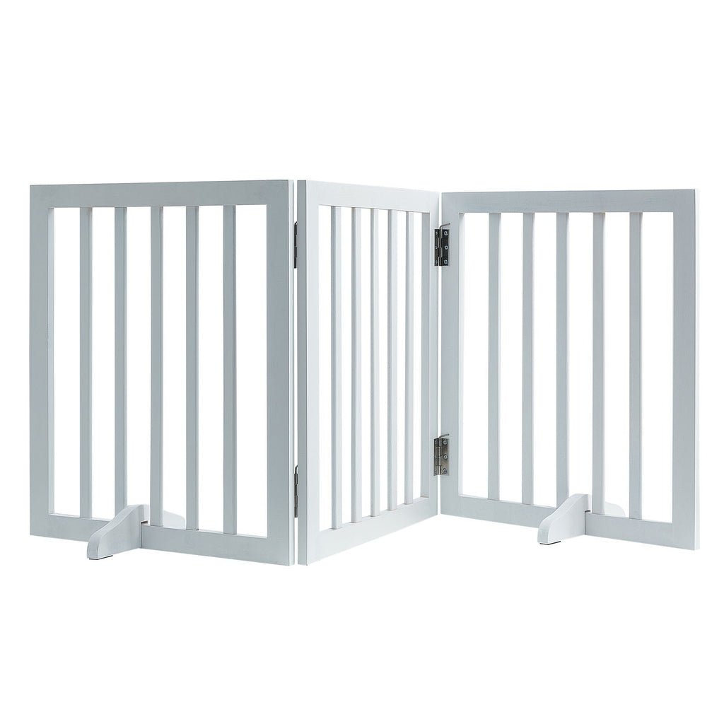 Free Standing Dog Gate, 24" H x 60" W Freestanding Pet Gate, 3 Panels Foldable Dog Gate for Wide and Narrow Passageways, Expandable Dog Barrier with Silent Foot Support for Indoor, White