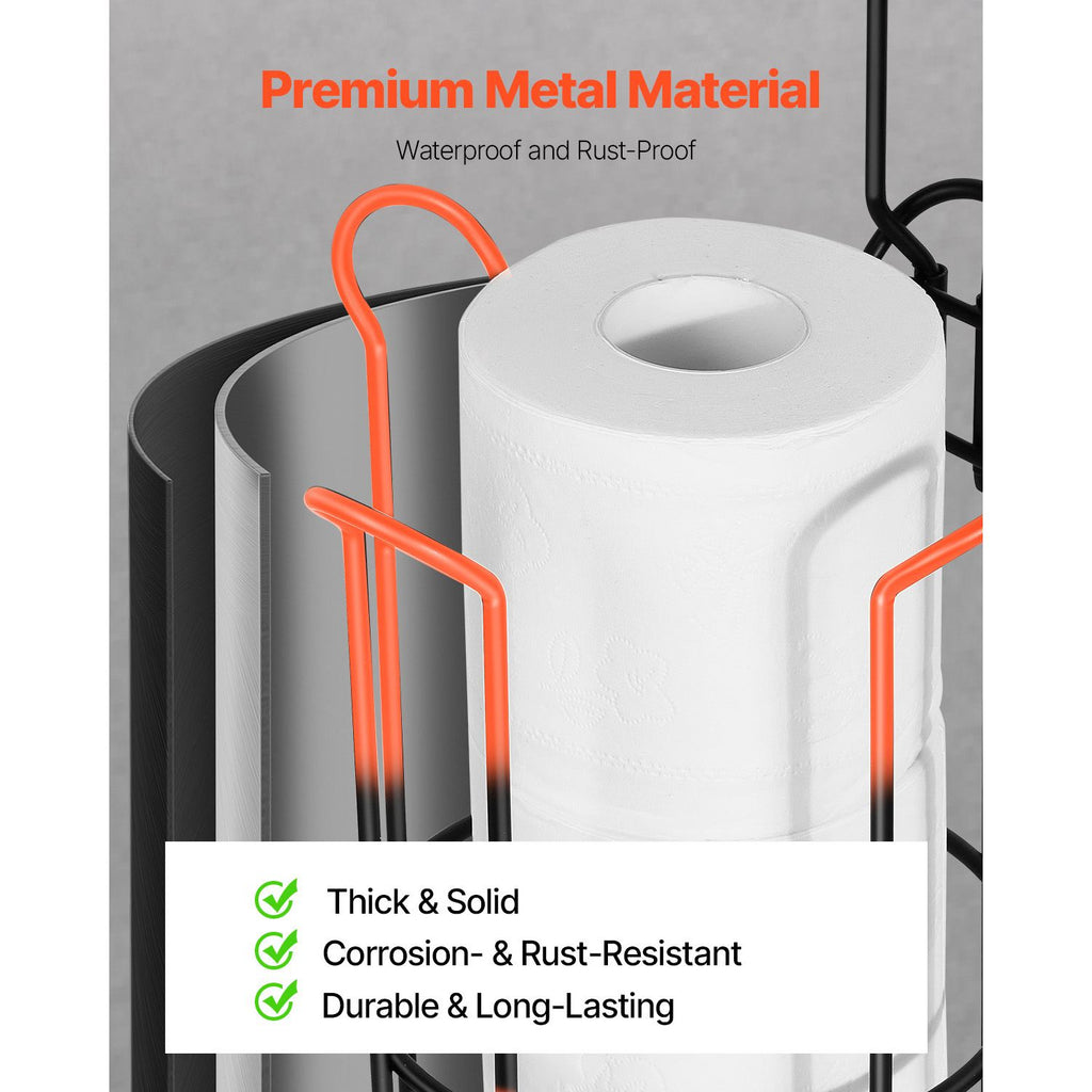 Free Standing Toilet Paper Holder with Shelf, 3-in-1 Premium Metal Material, Store Up to 4 Mega Rolls, Elevated Base Design, Tissue Roll Storage Rack for Bathroom, Washroom, Matte Black