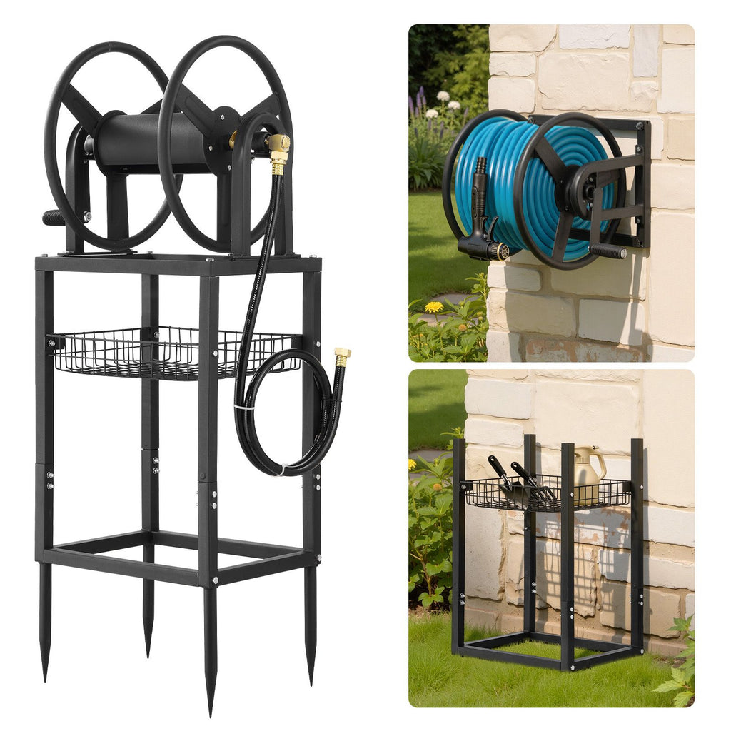 Freestanding Garden Hose Reel, Holds 200 Feet of 5/8-inch Hose, Wall Mount or Ground Mount, Detachable Holder Stand with Storage Rack, 5 ft Leader Hose, Brass Fitting, 4 Spikes, for Backyards