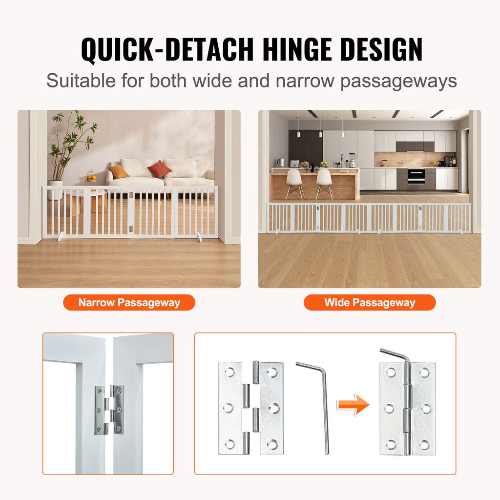 Freestanding Pet Barrier, 24" Height x 80.3" Width, 4-Panel Folding Dog Gate for Various Openings, Expandable and Quiet Foot-Supported Indoor Dog Fence, White