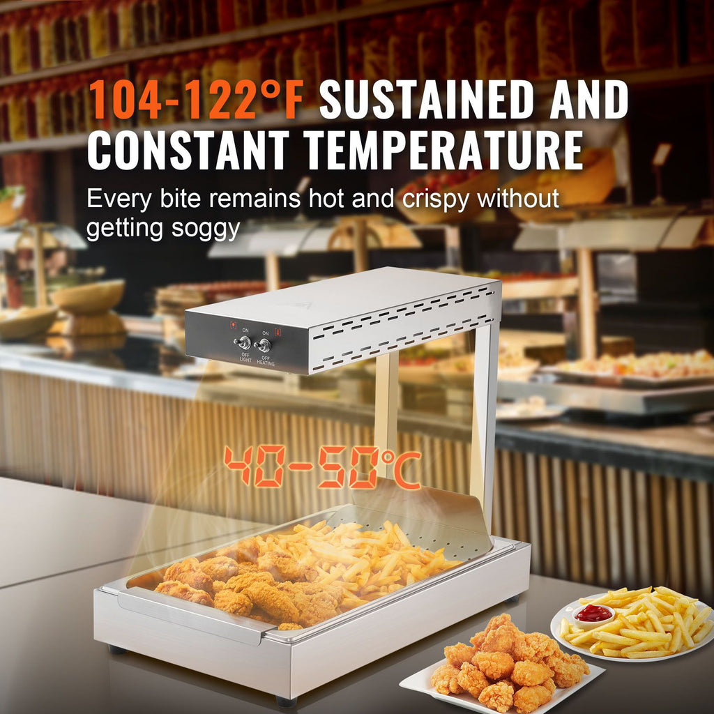 French Fry Food Warmer, 750W Commercial Food Heating Lamp, Electric Stainless Steel Warming Light Dump Station, Countertop 104-122 Fahrenheit Fries Food Warmer, Silver image 2