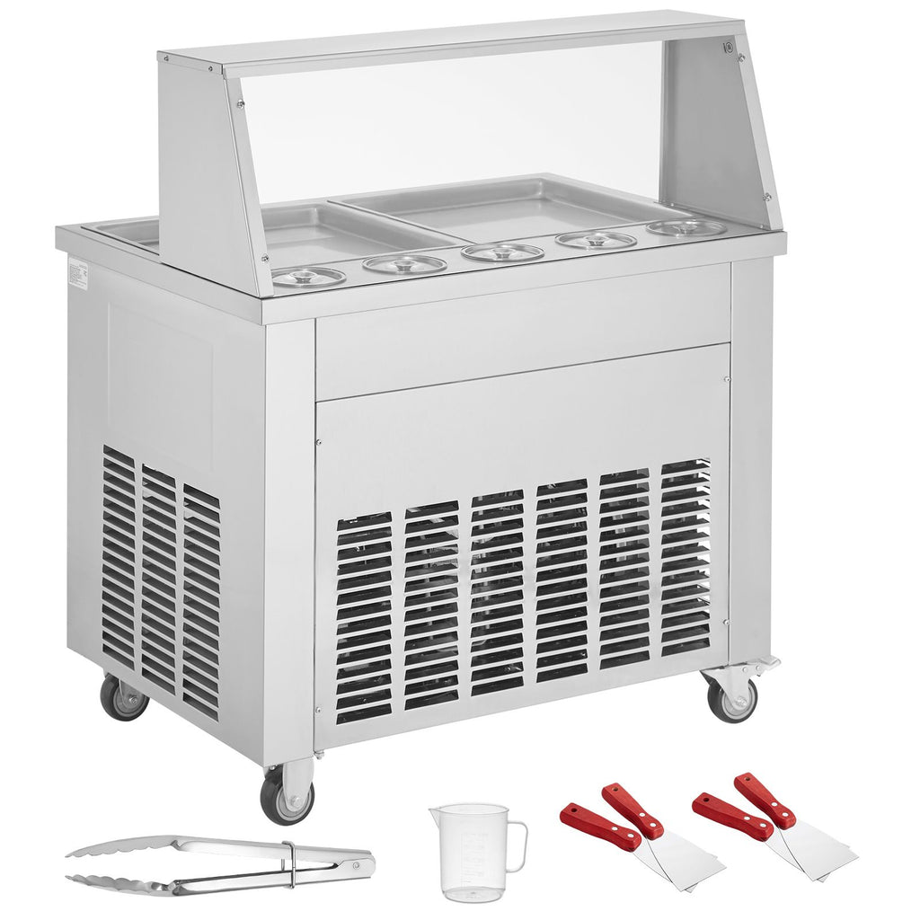 Fried Ice Cream Roll Machine, 2Pcs 13.8" x 13.8" Square Stir-Fried Ice Cream Pans, Stainless Steel Commercial Rolled Ice Cream Maker with Compressor and 4 Scrapers, for Ice Cream, Frozen Yogurt