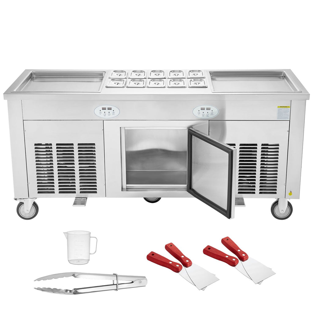 Fried Ice Cream Roll Machine, 2Pcs 17.7" x 17.7" Square Stir-Fried Ice Cream Pans, Stainless Steel Commercial Rolled Ice Cream Maker with Compressor and 4 Scrapers, for Ice Cream, Frozen Yogurt