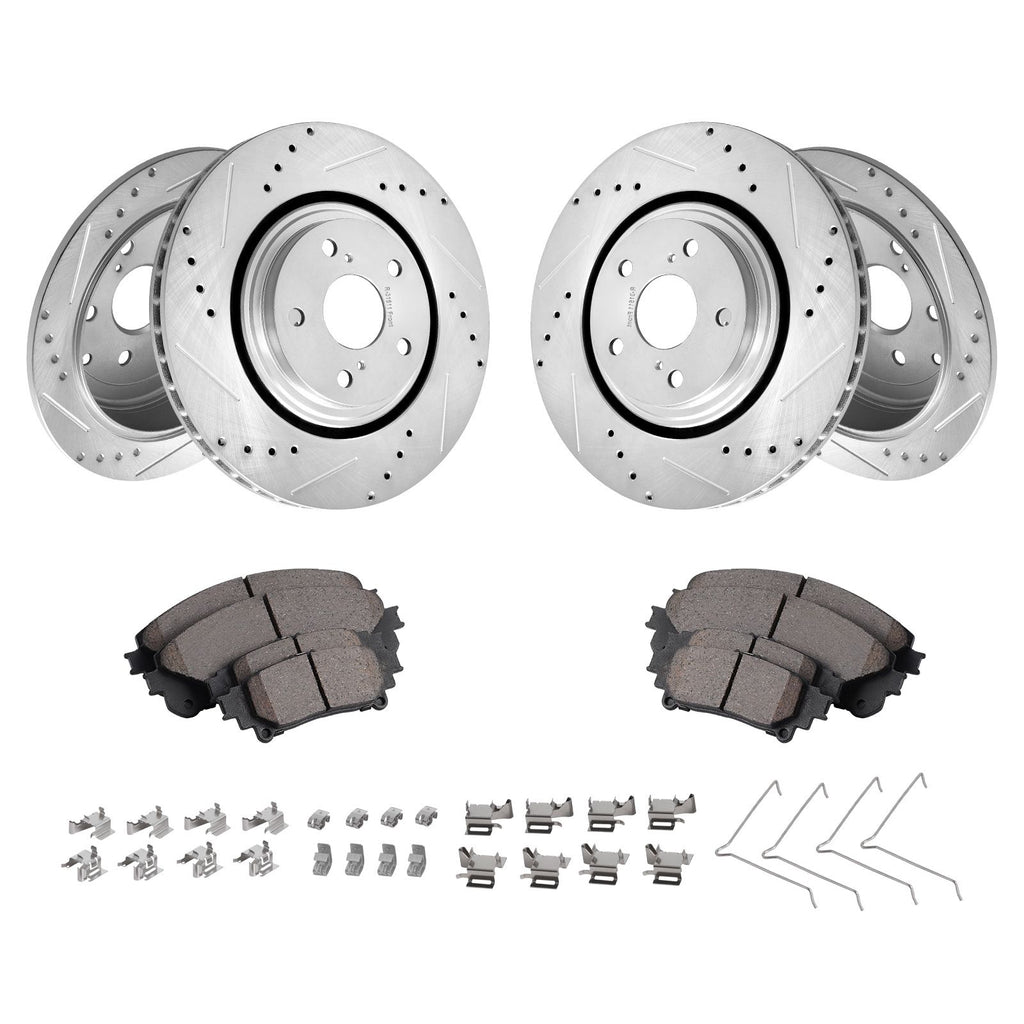 Front and Rear Brake Kit Compatible with Toyota Sienna, Highlander, Lexus RX350, RX450h, Drilled and Slotted Brake Rotors Ceramic Brake Pads Replacement, 12.9" Front Rotors 12.2" Rear Rotors