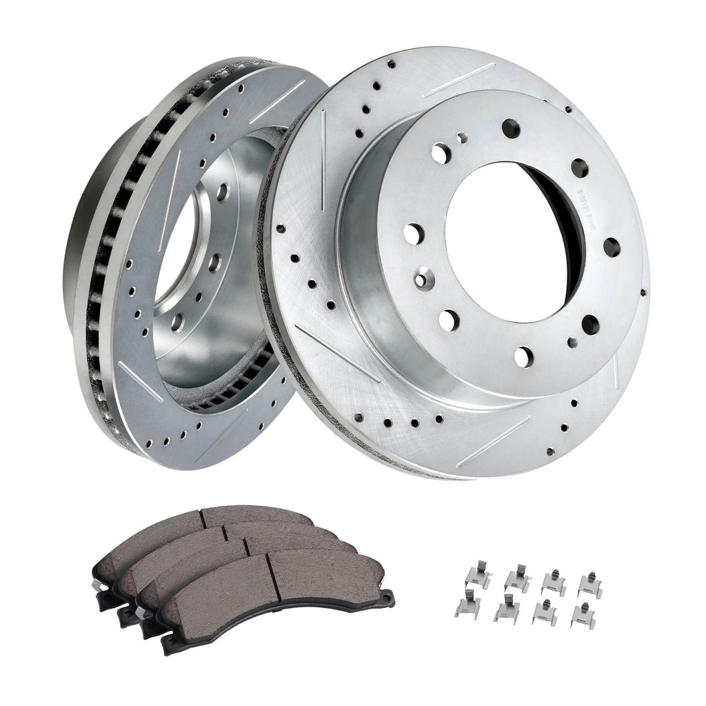 Front Brake Kit Compatible with 2011-2019 Chevy Silverado GMC Sierra 2500 3500 HD, Drilled and Slotted Brake Rotors Ceramic Brake Pads Replacement Kit, 14" Front Rotors