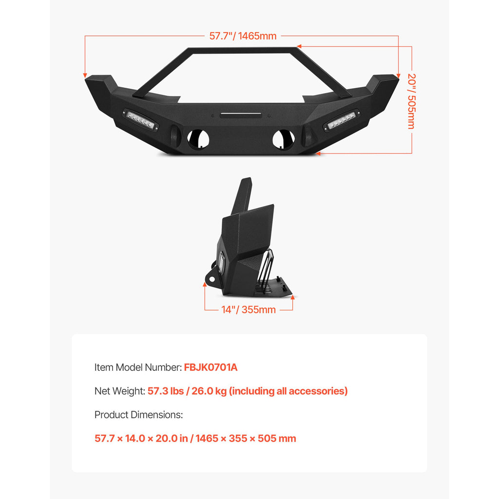 Front Bumper Compatible with 2007-2018 Wrangler JK/JKU, Heavy-Duty Steel Front Bumper with 2PCS LED Light Bars, Winch Plate, Fog Light Housing and D-Ring Mounts