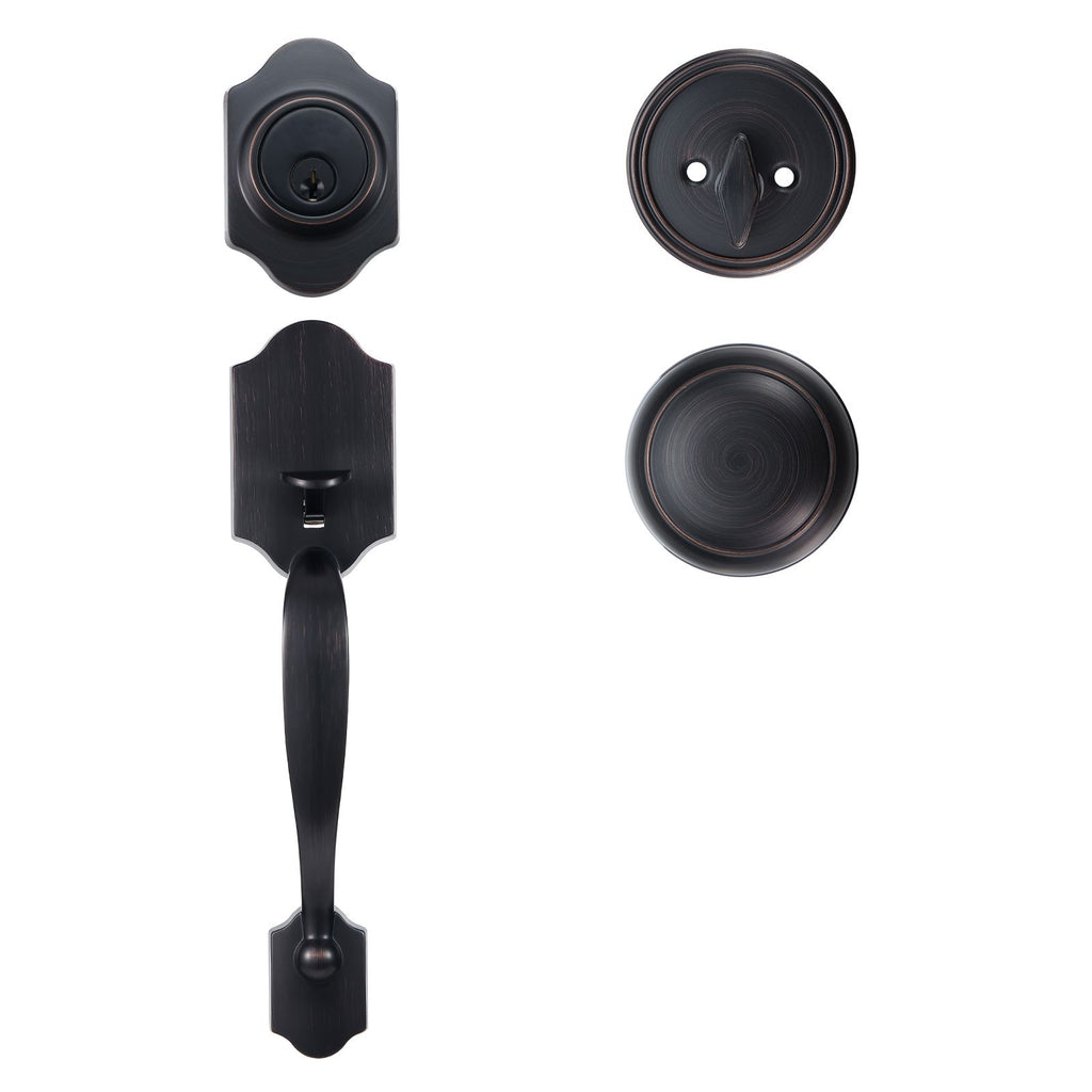 Front Door Handle and Deadbolt Set, Front Door Lock Set with Interior Knob, Adjustable Hole Spacing Single Cylinder Handleset, for Right and Left Handed Entrance, Brushed Oil Rubbed Bronze