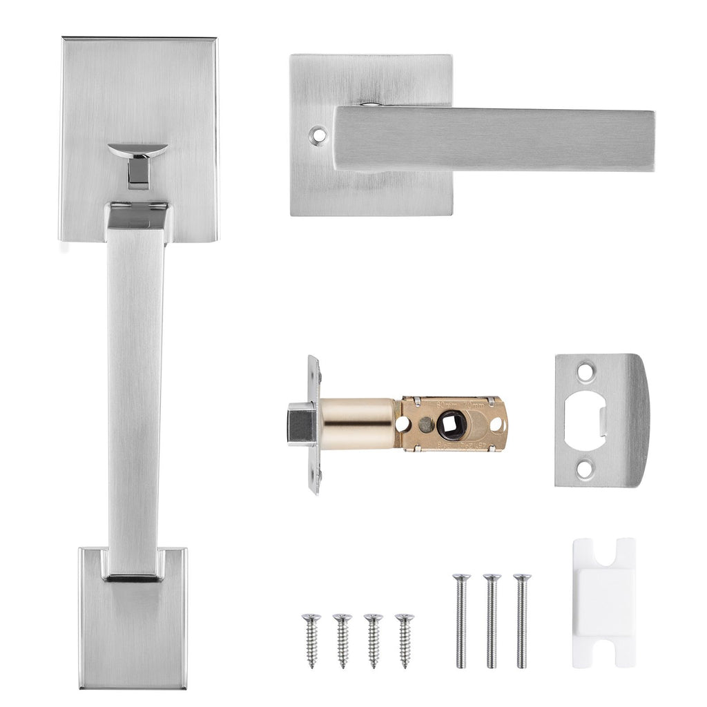 Front Door Handle, Square Entry Handle Set with Lever, No Lock, Adjustable Hole Space, Zinc Alloy Die-Casting, Reversible for Right and Left Handed Entrance and Front Doors, Satin Nickel