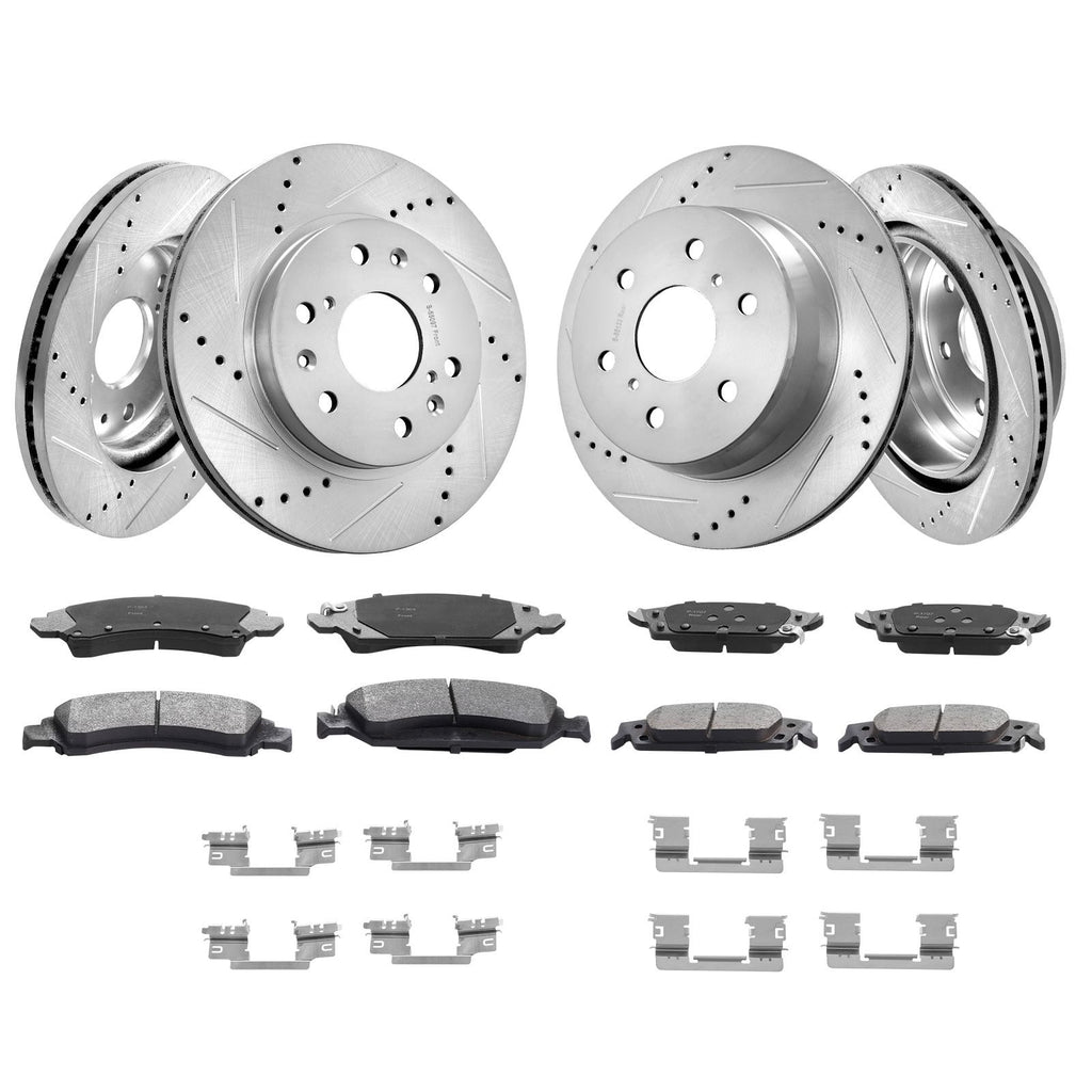 Front Rear Brake Kit for 2014-2018 Chevy Silverado GMC Sierra 1500, 2015-2020 Suburban Tahoe Yukon XL Escalade ESV, Drilled & Slotted Brake Rotors Ceramic Brake Pads Replacement Kit