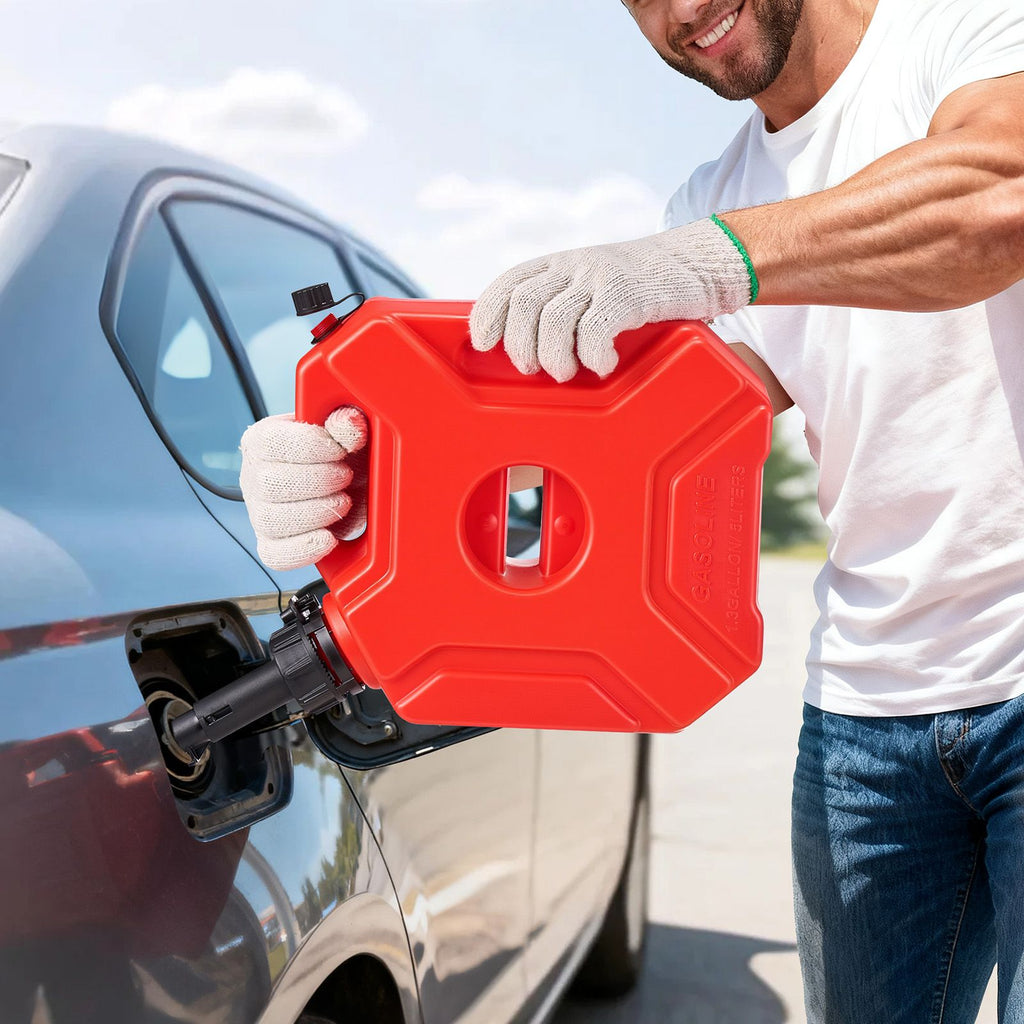 Fuel Container, 1.3 Gallon, Gas Can with Spout and Lockable Bracket, 15 L/min Max Flow Rate, Secure & Leak-proof, Portable Flat Fluid Container for Most Cars Motorcycle ATV UTV, Red image 2