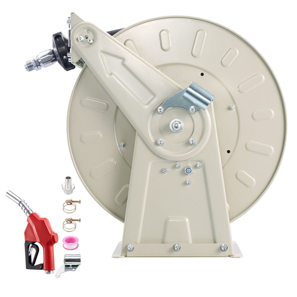 Fuel Hose Reel, 1 inch x 33 ft Retractable, Spring Driven Auto Swivel Rewind, 300 PSI, Heavy-Duty Carbon Steel Construction with Industrial Grade Rubber Hose, for Diesel Fuel, Kerosene