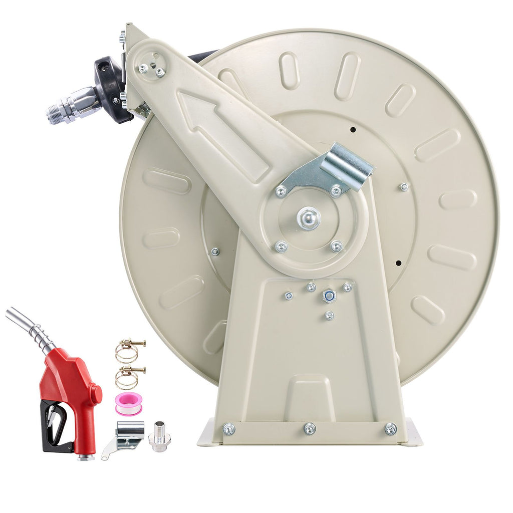 Fuel Hose Reel, 1 inch x 50 ft Retractable, Spring Driven Auto Swivel Rewind, 300 PSI, Heavy-Duty Carbon Steel Construction with Industrial Grade Rubber Hose, for Diesel Fuel, Kerosene