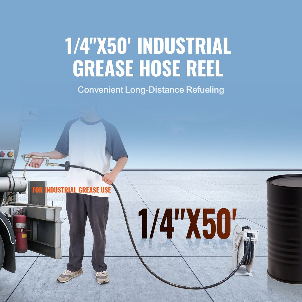 Fuel Hose Reel, 1/4" x 50', Extra Long Retractable Grease Hose Reel, Spring Driven Auto Swivel Rewind, Heavy-Duty Carbon Steel Construction with Hose for Auto Repair, Heavy Industries, 5800 PSI