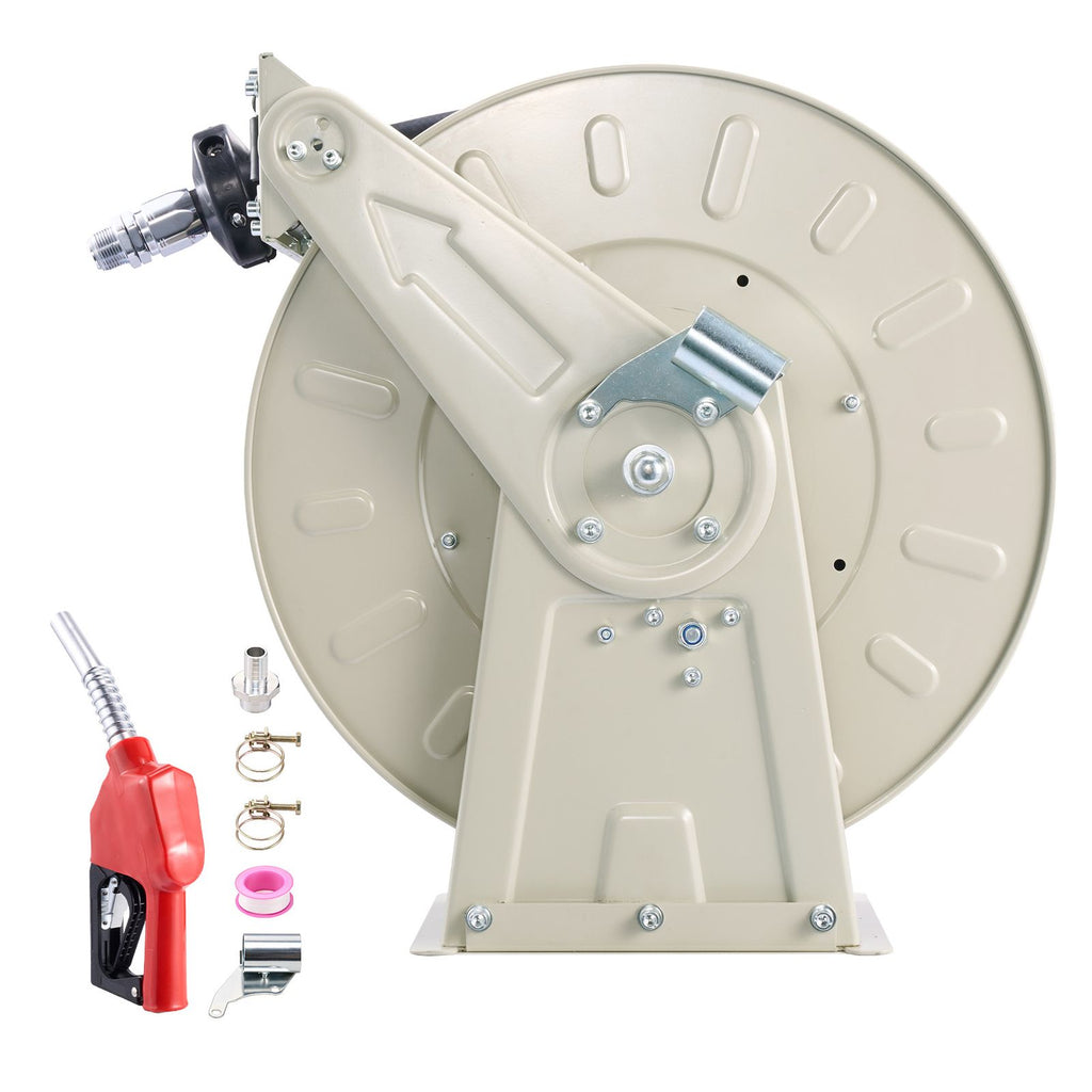 Fuel Hose Reel, 3/4 inch x 50 ft Retractable, Spring Driven Auto Swivel Rewind, 300 PSI, Heavy-Duty Carbon Steel Construction with Industrial Grade Rubber Hose, for Diesel Fuel, Kerosene