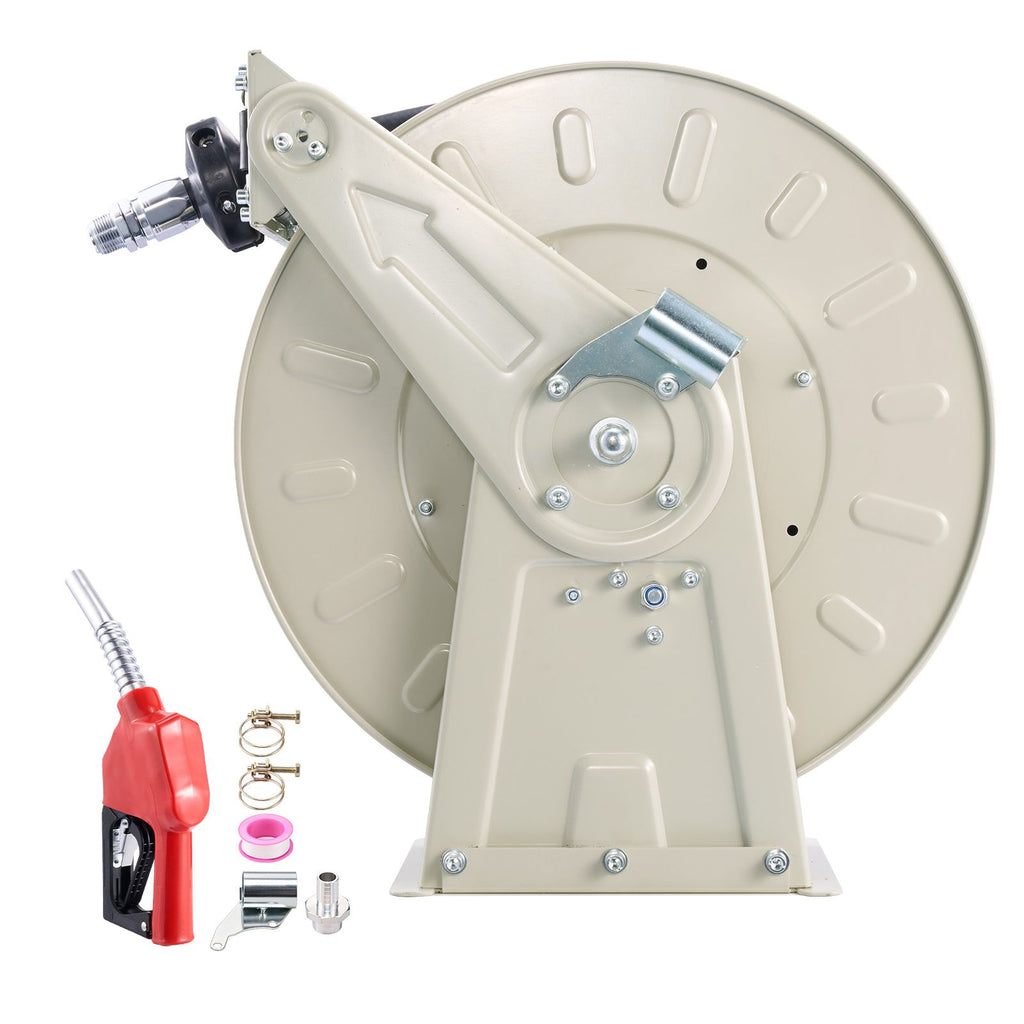 Fuel Hose Reel, 3/4 inch x 66 ft Retractable, Spring Driven Auto Swivel Rewind, 300 PSI, Heavy-Duty Carbon Steel Construction with Industrial Grade Rubber Hose, for Diesel Fuel, Kerosene