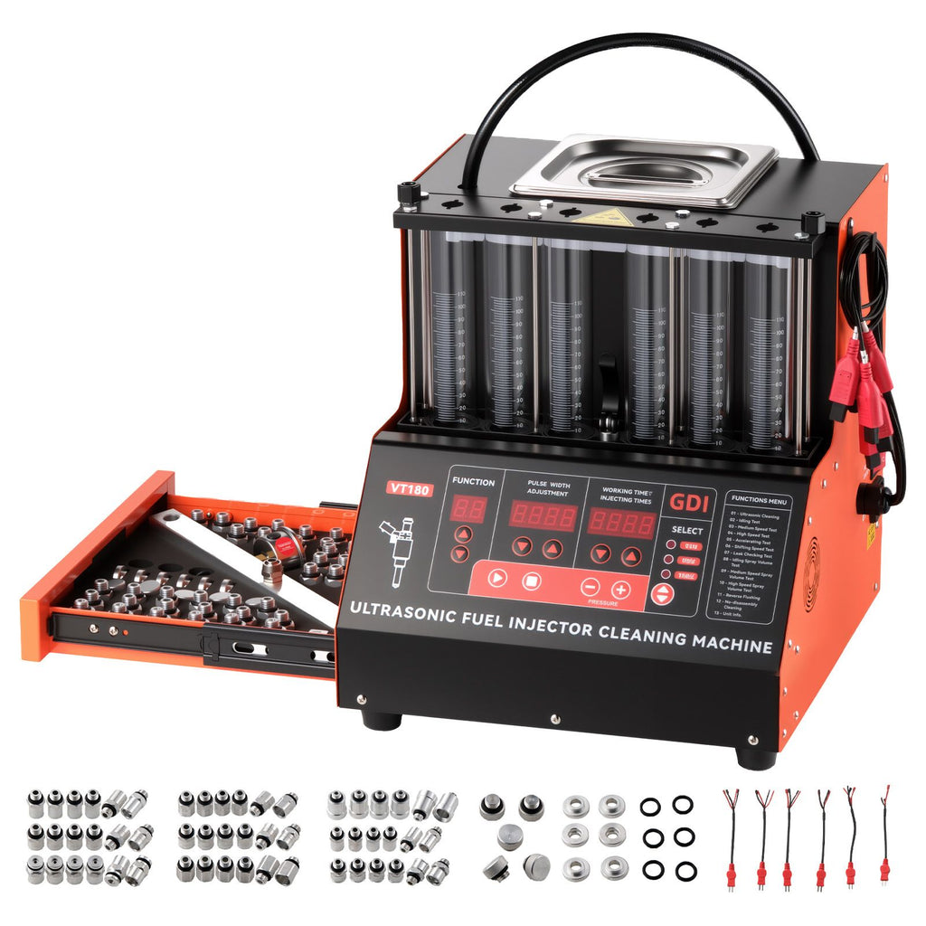 Fuel Injector Cleaner Tester, 9 Test Modes, 6-Cylinder 28kHz Ultrasonic Cleaning Machine Adjustable 12V/70V/120V for EFI/FSI/GDI, Injector Cleaner Machine with Drain Valve for Car & Motorcycle