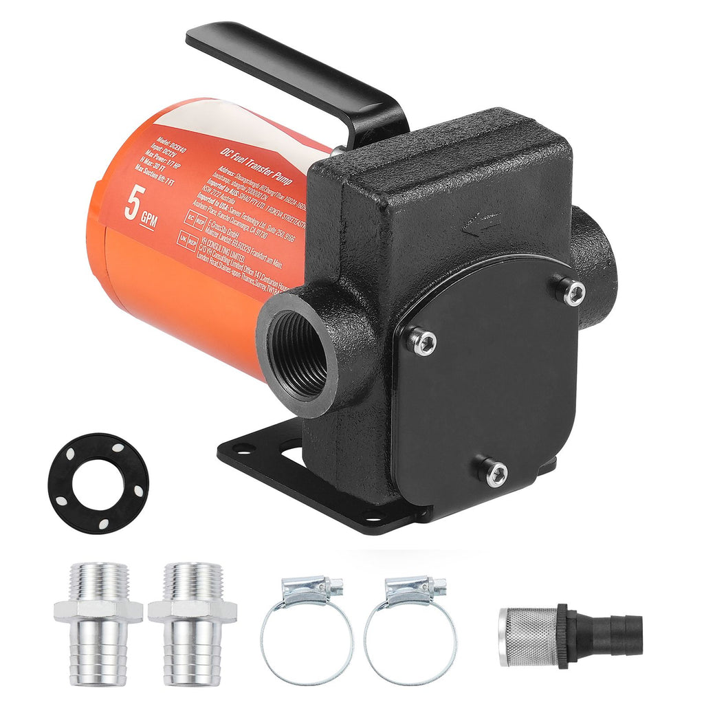 Fuel Transfer Pump, 12V DC 5 GPM 1/10 HP, Portable Electric Diesel Transfer Pump with Auto Shut-Off Fuel Nozzle, Long Inlet & Outlet Hose for Gasoline Diesel, Kerosene, Methanol Blends