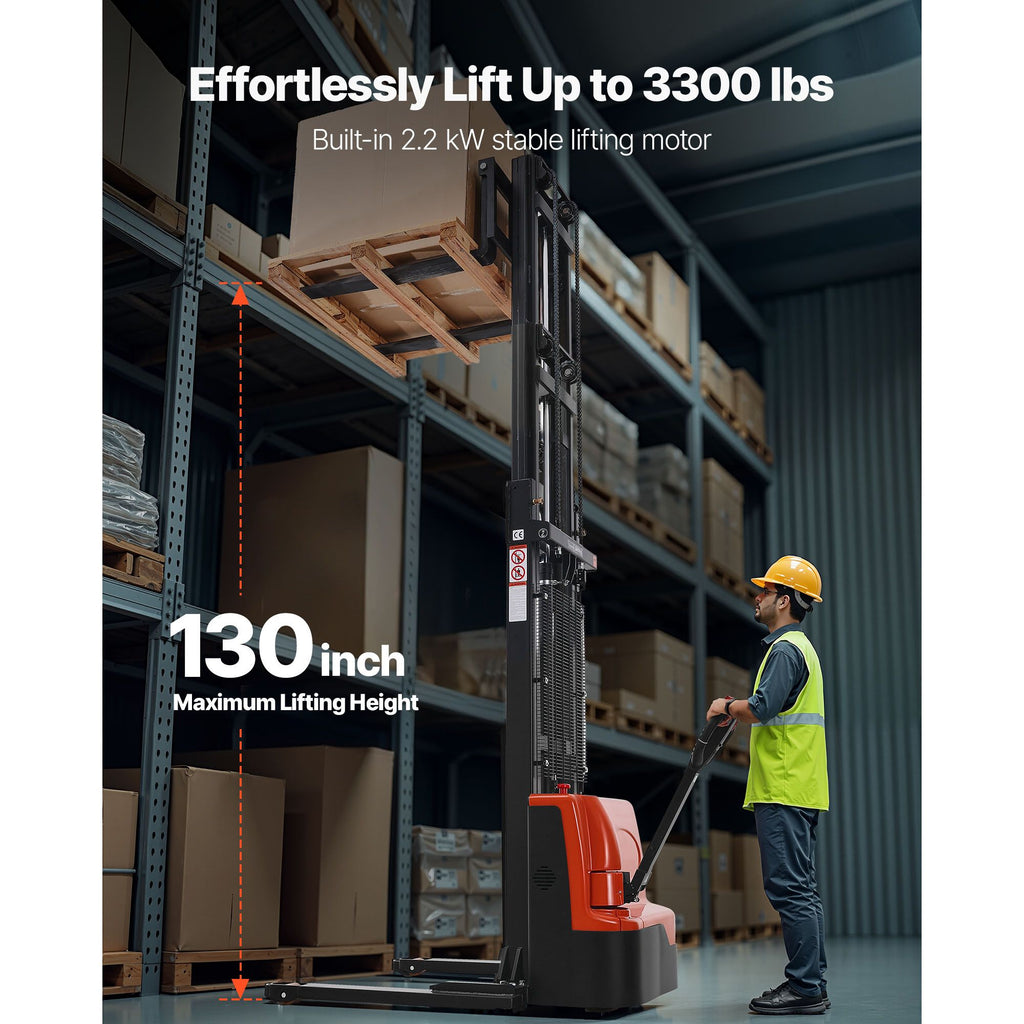Full Electric Pallet Stacker, 3300 lbs Capacity, Pallet Lift Stacker Forklift with Straddle Legs & Forks, 127.6 Inches Lifting Height & 8.66-31.1 Inches Adjustable Fork Width, Orange & Black image 2