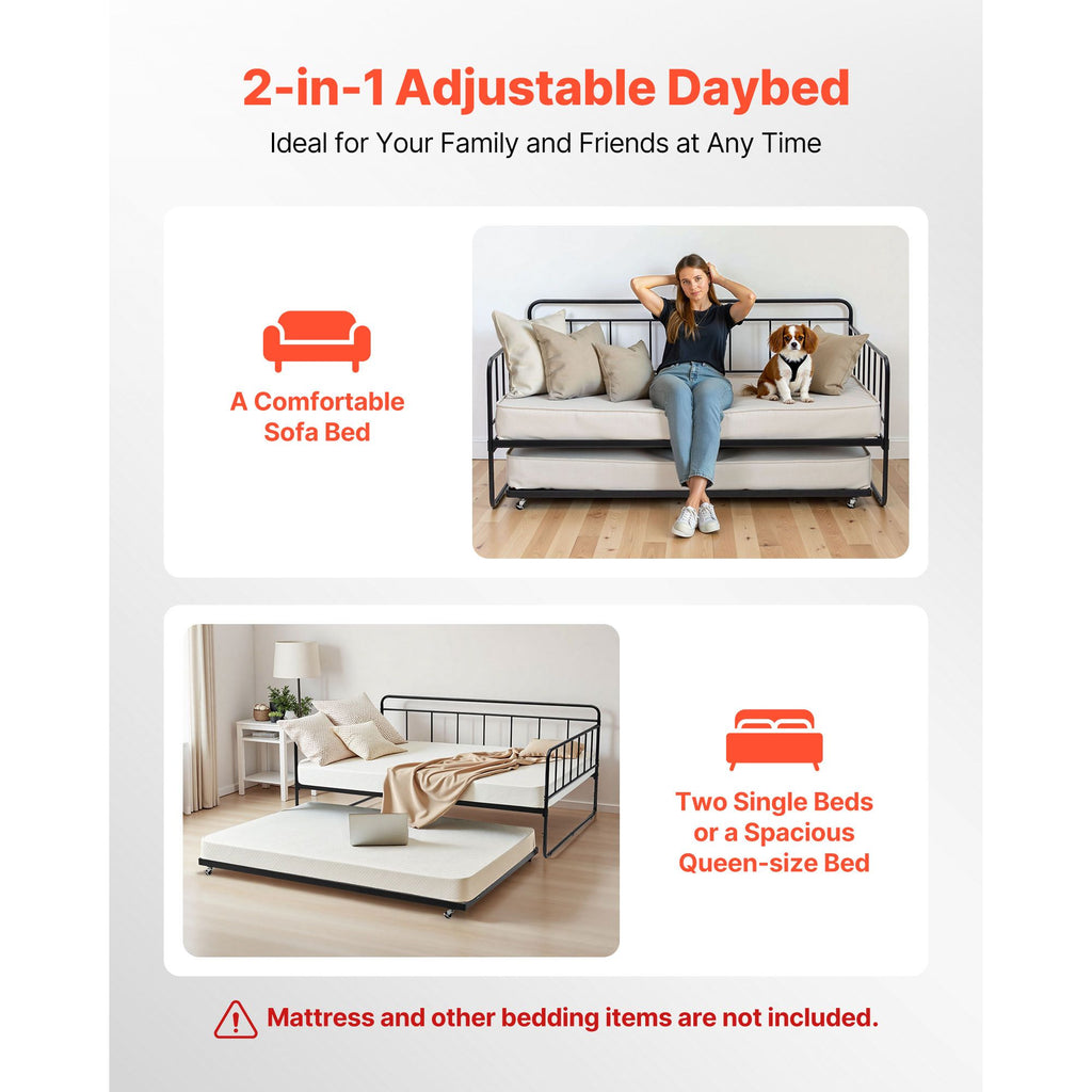 Full Size Daybed Frame, Day Bed with Trundle, Heavy Duty Metal Platform Bed Frame, Full Daybed with Metal Slats Support for Living Room, Bedroom, Guest Room, Easy Assembly, Black