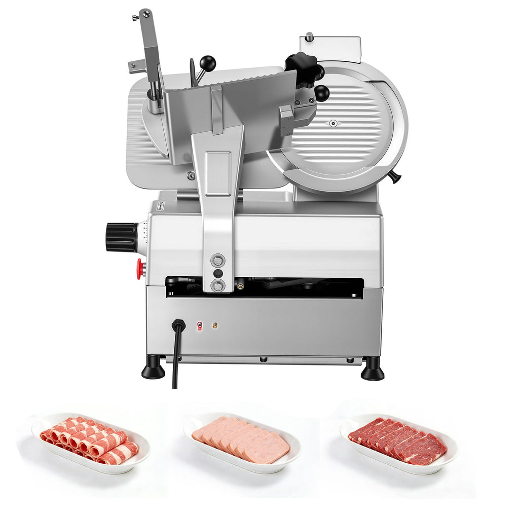 Fully Automatic Meat Slicer, 180W + 370W Commercial Food-Slicer with 10" Carbon Steel Blade, Built-In Sharpener & 0-0.3" Adjustable Thickness for Frozen Meat, Ham, Baguett, Steak