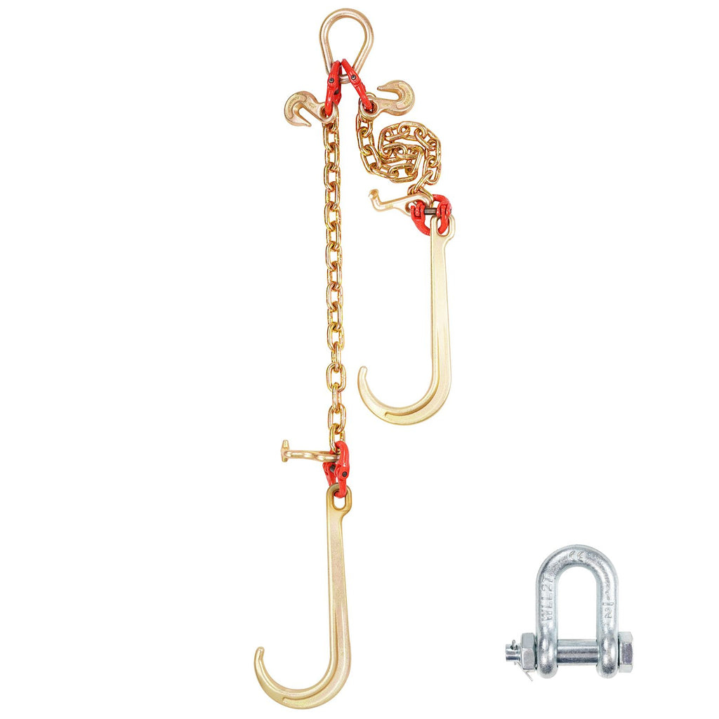 G80 V Bridle Chain, 3/8" x 2' Towing Chain Bridle with 15" J Hooks, T Hooks & Grab Hooks, Heavy Duty Transport Tow Chain Bridle with 7800 lbs Safe Working Load for Flatbed Truck Wrecker Recovery