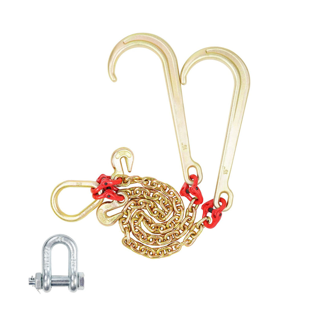 G80 V Bridle Chain, 5/16" x 2' Towing Chain Bridle with 15" J Hooks and Grab Hooks, Heavy Duty Transport Tow Chain Bridle with 10800 lbs Safe Working Load for Flatbed Truck Wrecker Recovery