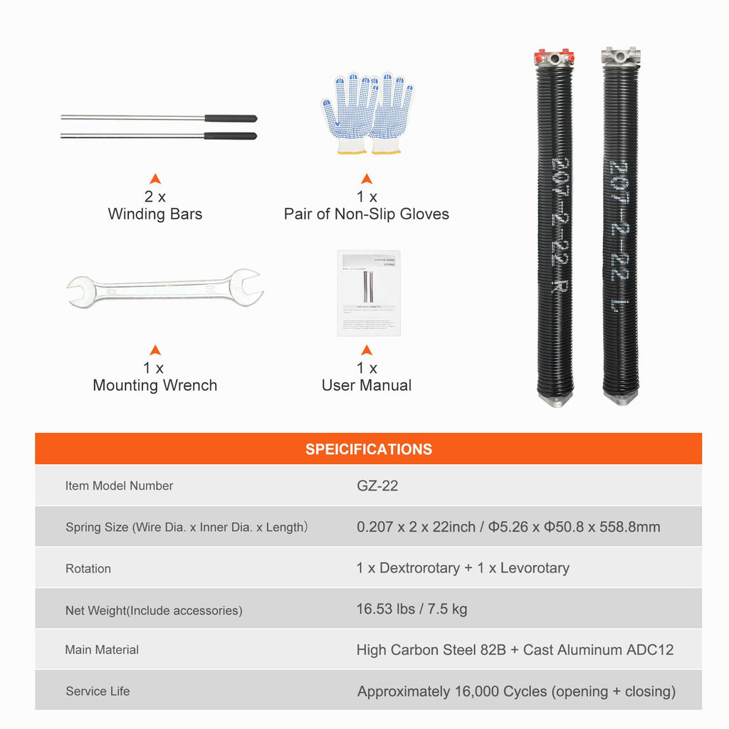 Garage Door Torsion Springs, Pair of 0.207 x 2 x 22inch, 16000 Cycles, Garage Door Springs with Non-Slip Winding Bars, Gloves and Mounting Wrench, Electrophoresis Coated for Replacement