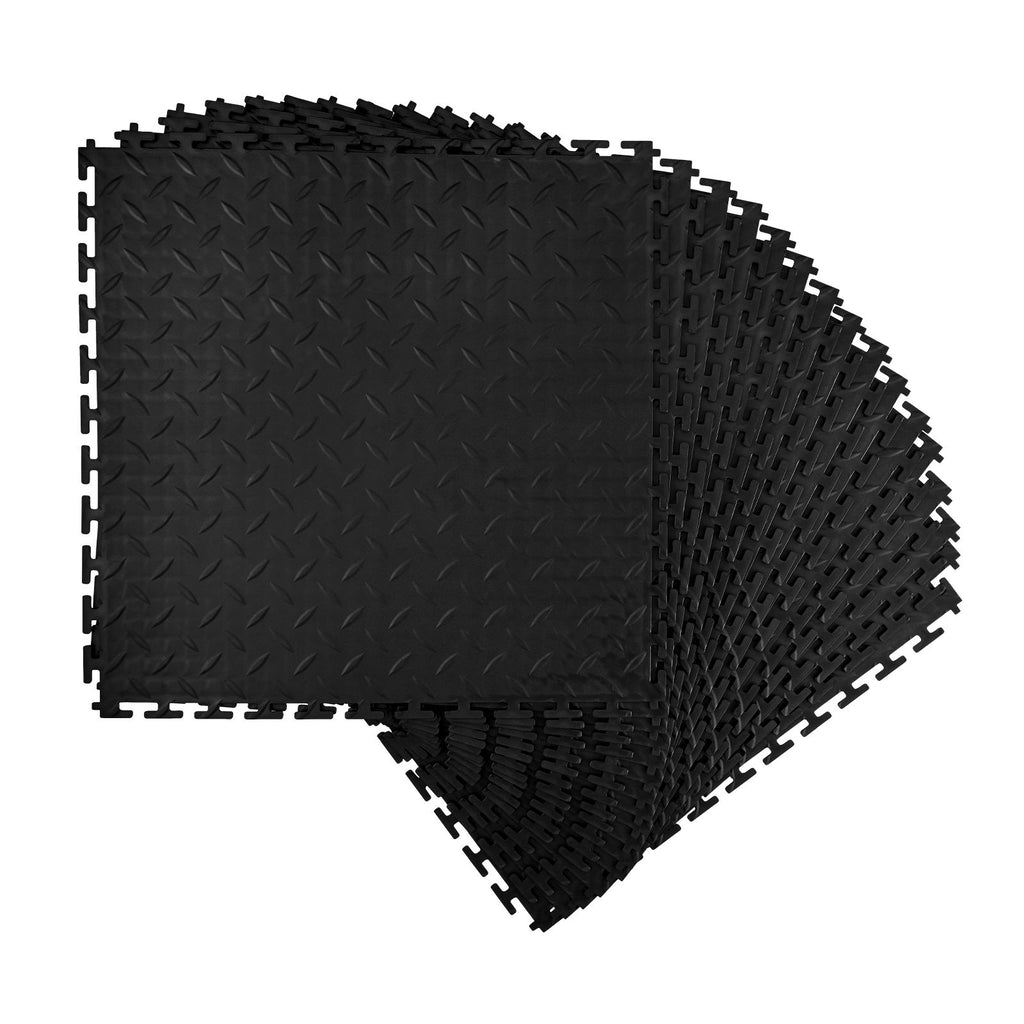 Garage Floor Tiles Interlocking, 16 Pack 20.2 x 20.2 x 0.2 in Interlocking Modular Garage Flooring Tiles, Diamond Plate Slip-Resistant PVC Mats for Workshop,Warehouse,Tool Room, Black