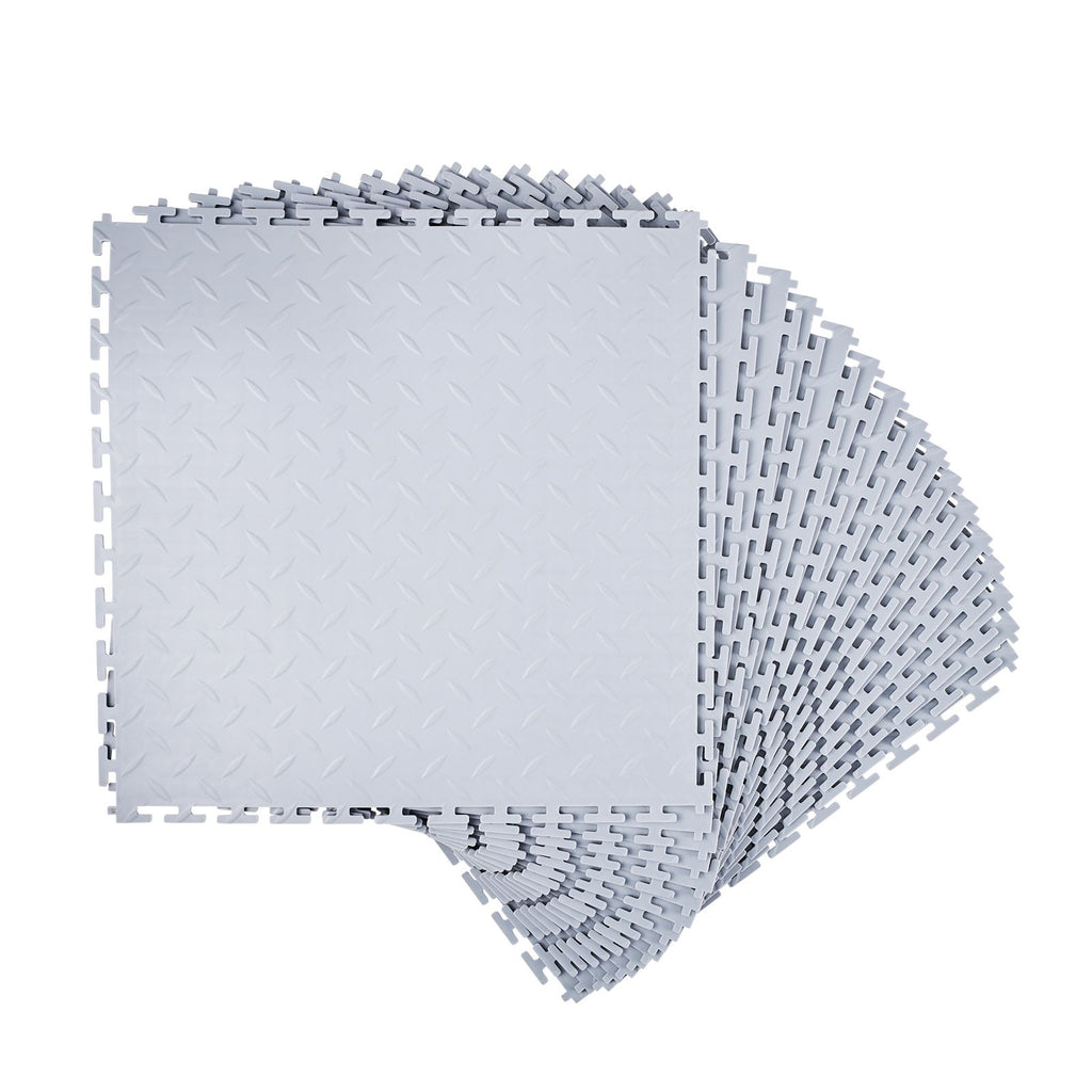 Garage Floor Tiles Interlocking, 16 Pack 20.2 x 20.2 x 0.2 in Interlocking Modular Garage Flooring Tiles, Diamond Plate Slip-Resistant PVC Mats for Workshop,Warehouse,Tool Room, Light Gray