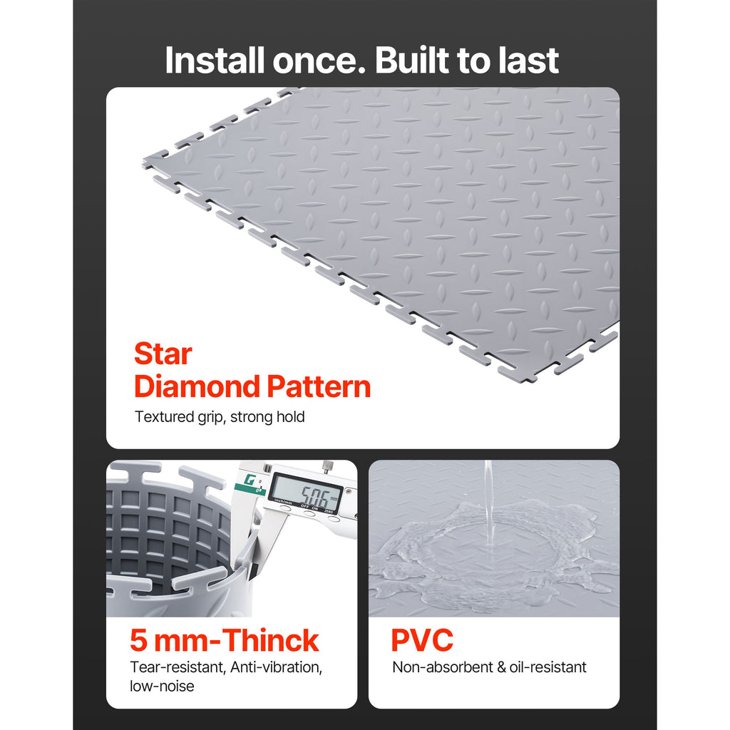 Garage Floor Tiles Interlocking, 8 Pack 20.2 x 20.2 x 0.2 in Interlocking Modular Garage Flooring Tiles, Diamond Plate Slip-Resistant PVC Mats for Workshop,Warehouse,Tool Room, Silver