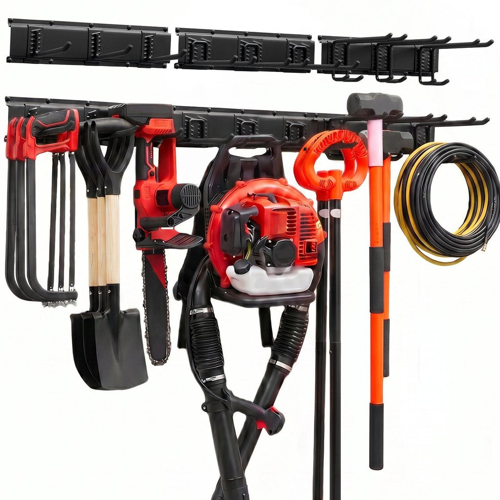 Garage Tool Organizer 49.5 Inch 600 lbs Wall Mount Garden Tool Rack, Heavy Duty Garage Hanging Storage Rack Organization with 3 Rails and 9 Adjustable Hooks, for Yard Tools, Shovel, Rake, Shed