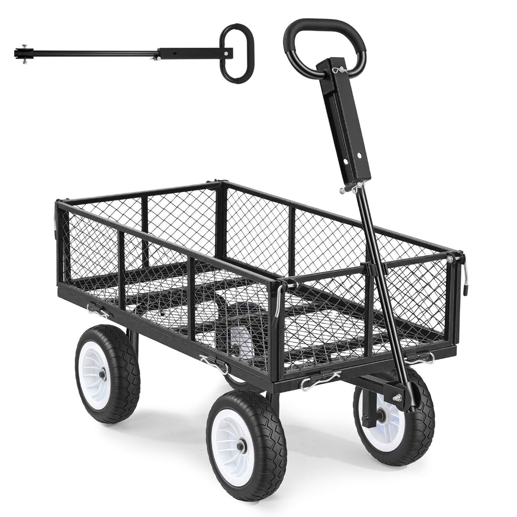 Garden Cart, 900 LBS, Heavy Duty Steel Yard and Garden Utility Wagon with 10-Inch Tires, Outdoor Gardening Stool with Adjustable Handle, Detachable Side Panels, Attach to ATV or Tractor, Black