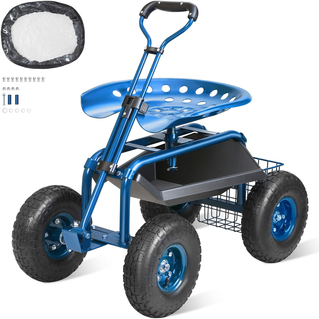 Garden Cart Rolling Workseat with Wheels, Gardening Stool for Planting, 360 Degree Swivel Seat, Wagon Scooter with Steering Handle & Utility Tool Tray, Use for Patio, Yard, and Outdoors, Blue