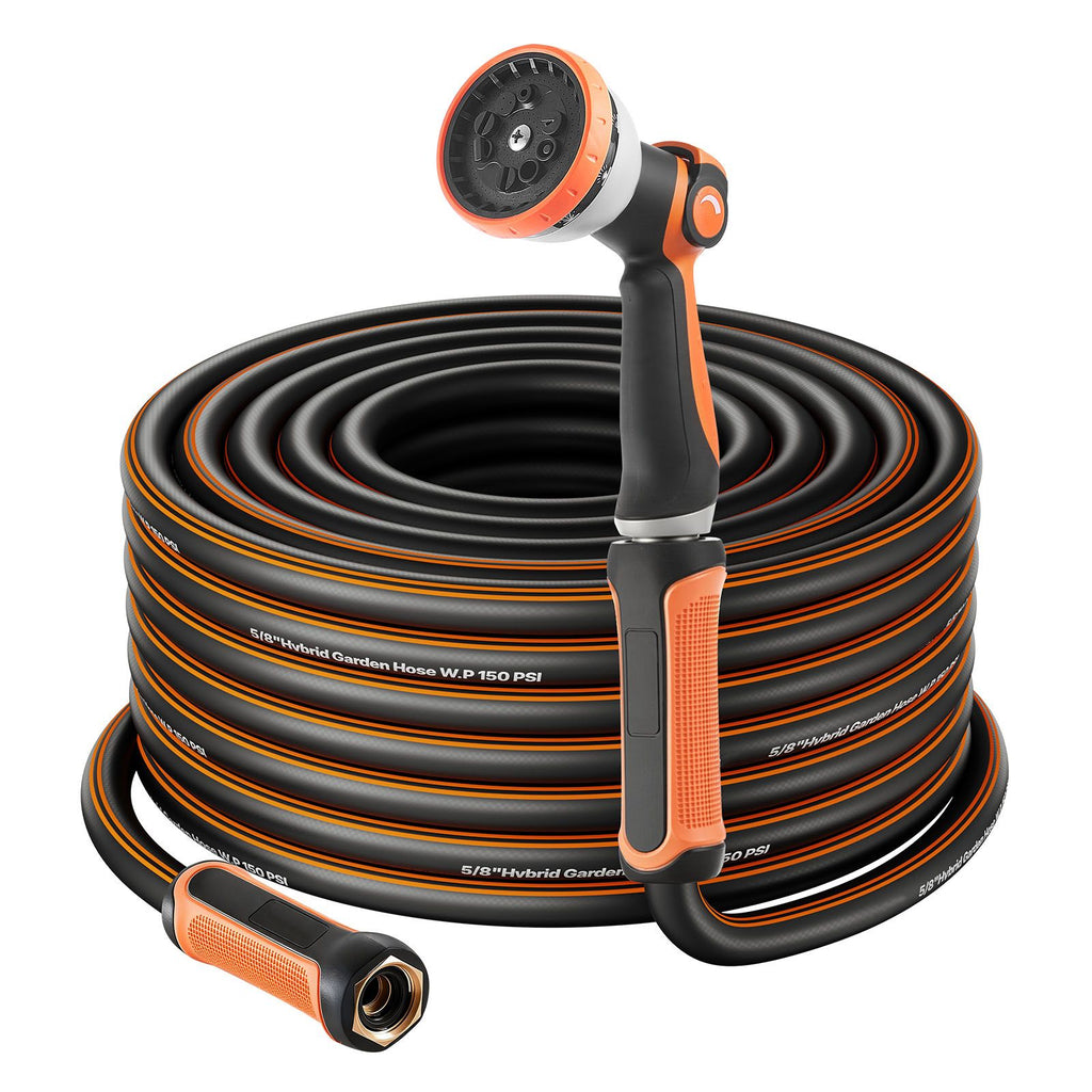 Garden Hose, 200 ft 5/8" Heavy Duty Rubber Water Hose with 10 Mode Nozzle, 150PSI Working & 600PSI Burst, Flexible & Non-kink Outdoor Waterhose with 3/4" Fitting, Lightweight Hoses for Gardening