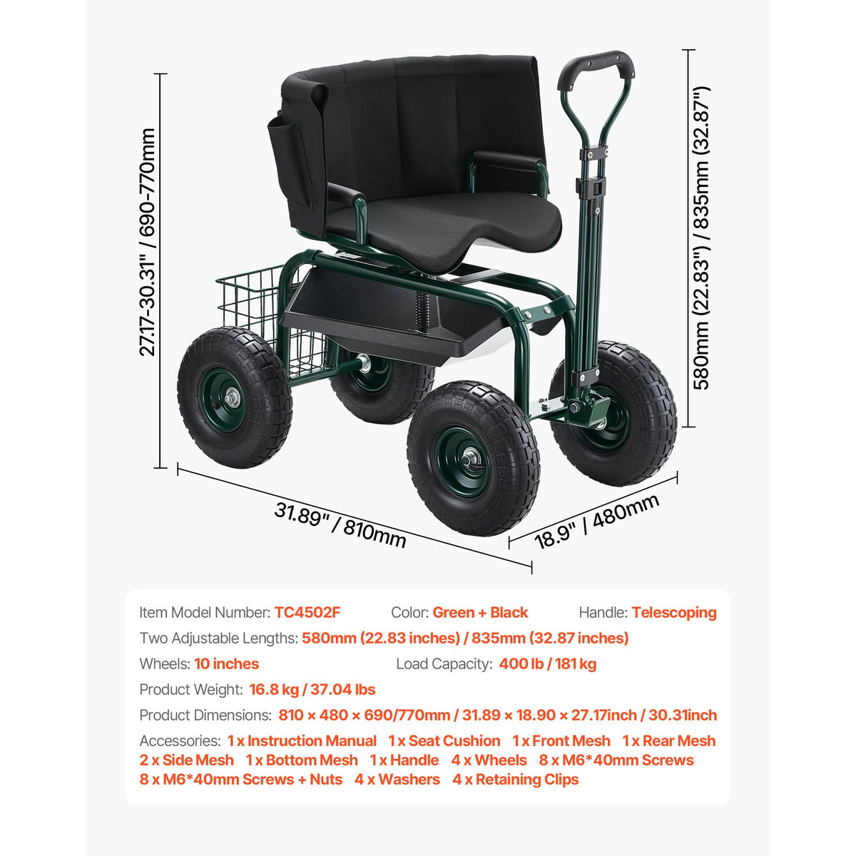 Garden Seat with Wheels, Rolling Garden Stool with Height Adjustabl ...