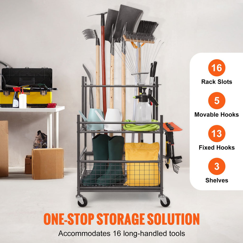 Garden Tool Organizer, 16 Slots with Hooks, Yard Tool Tower Rack with Wheels for Garage Organization and Storage, Hold Long-Handled Tool/Rake/Broom, Metal Tool Stand Holder for Shed, Outdoor image 2