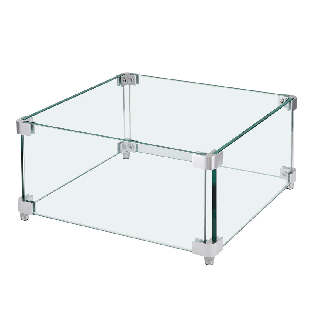 Gas Fire Pit Wind Guard for Square Fire Table, 15 x 15 x 7 inch Clear Tempered Wind Guard for Firepits, 0.31 inch Thick Square Glass Shield, Glass Panel with Hard Corner Bracket & Feet