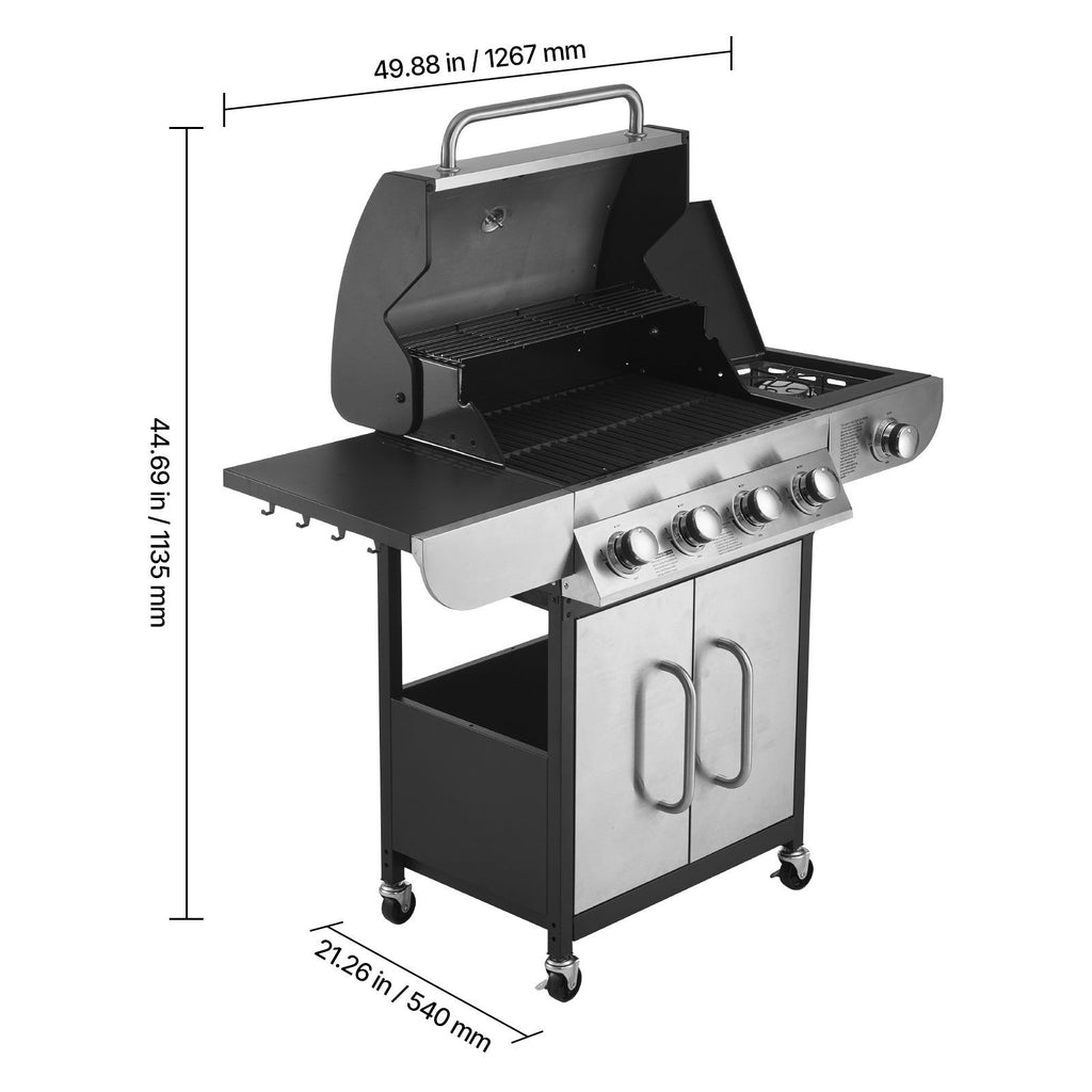 Gas Grill, 4 Burner Propane Gas Grill with Side Burner, 425 SQ.In Grilling Area, Carbon Steel Enamel Grates, Outdoor 52,000 BTU Patio Garden BBQ Grills with Two Side Shelves, Stainless Steel