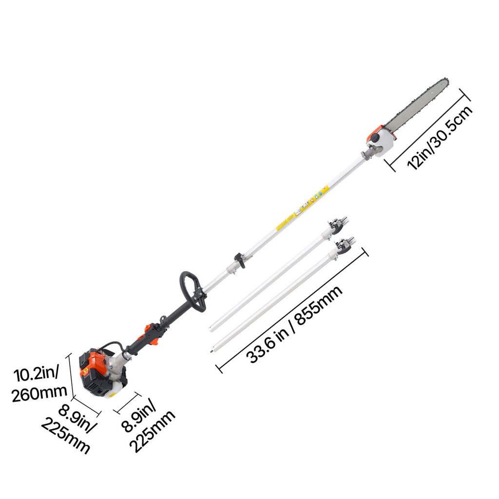 Gas Pole Saw, 25CC 2 Stroke Gas Powered Pole Saws with 12 in Cutting Bar, Cordless Tree Trimmer with 23 fl.oz Fuel Tank, 7 to 12 ft Extendable, Powerful Chainsaw for Tree Trimming Pruning