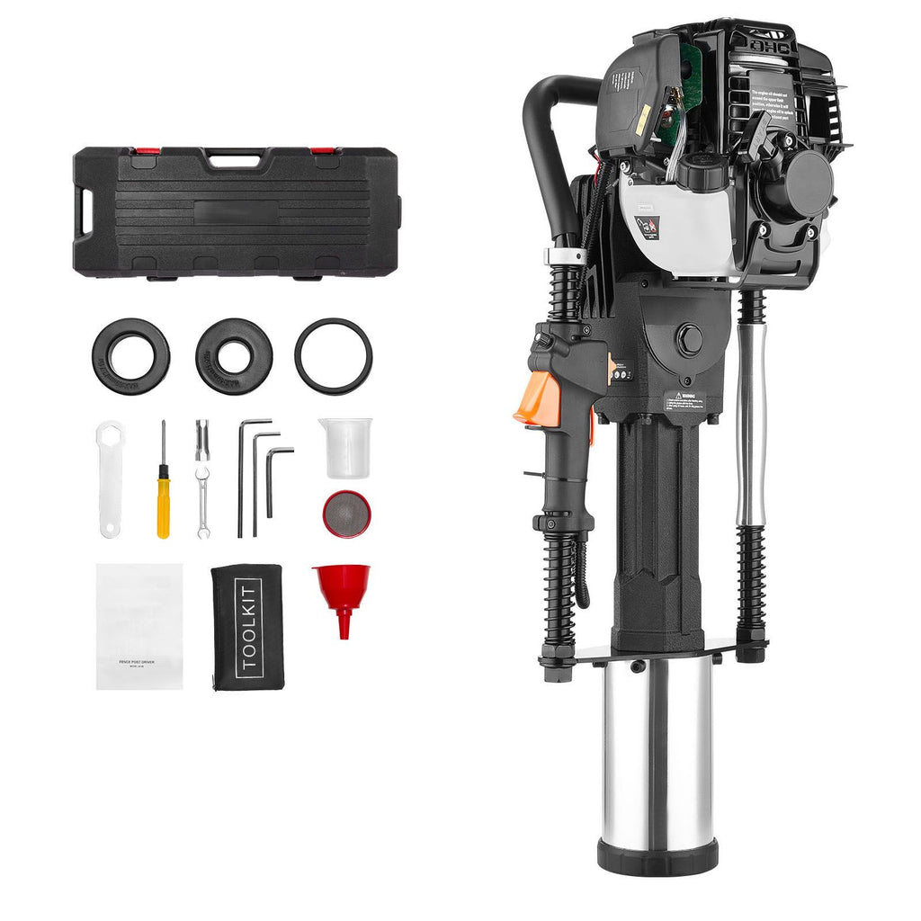 Gas Powered T Post Driver, 37.7cc 4-Stroke Engine Efficient Post Pounder with 3 Piling Sleeves, Vibration-Reducing Handle, Heavy Duty Fence Pile Driver for Farm, Orchard, Road Work, Landscaping