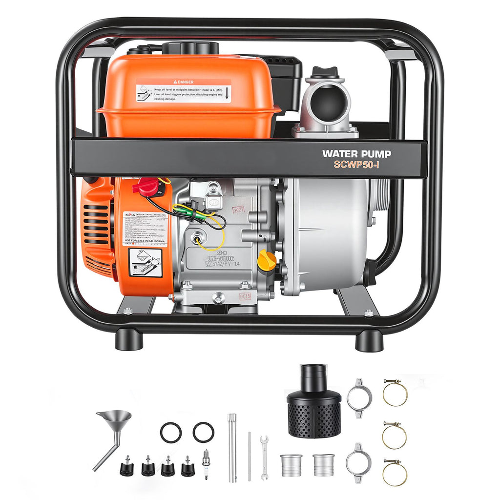 Gas Powered Water Pump, 2 in, 132 GPM 6.5HP Semi Trash Water Transfer Pump Portable, Gasoline Engine with 25 ft Discharge Hose, Heavy Duty Frame, Cast Iron Impeller, for Irrigation, Ponds, Pools