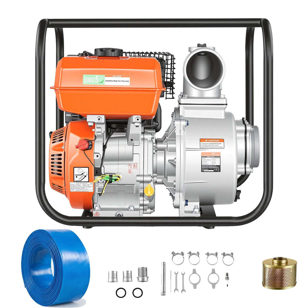 Gas Powered Water Pump, 4 in, 422 GPM 8.3HP Semi Trash Water Transfer Pump Portable, Gasoline Engine with 25 ft Discharge Hose, Heavy Duty Frame, Cast Iron Impeller, for Irrigation, Ponds, Pools