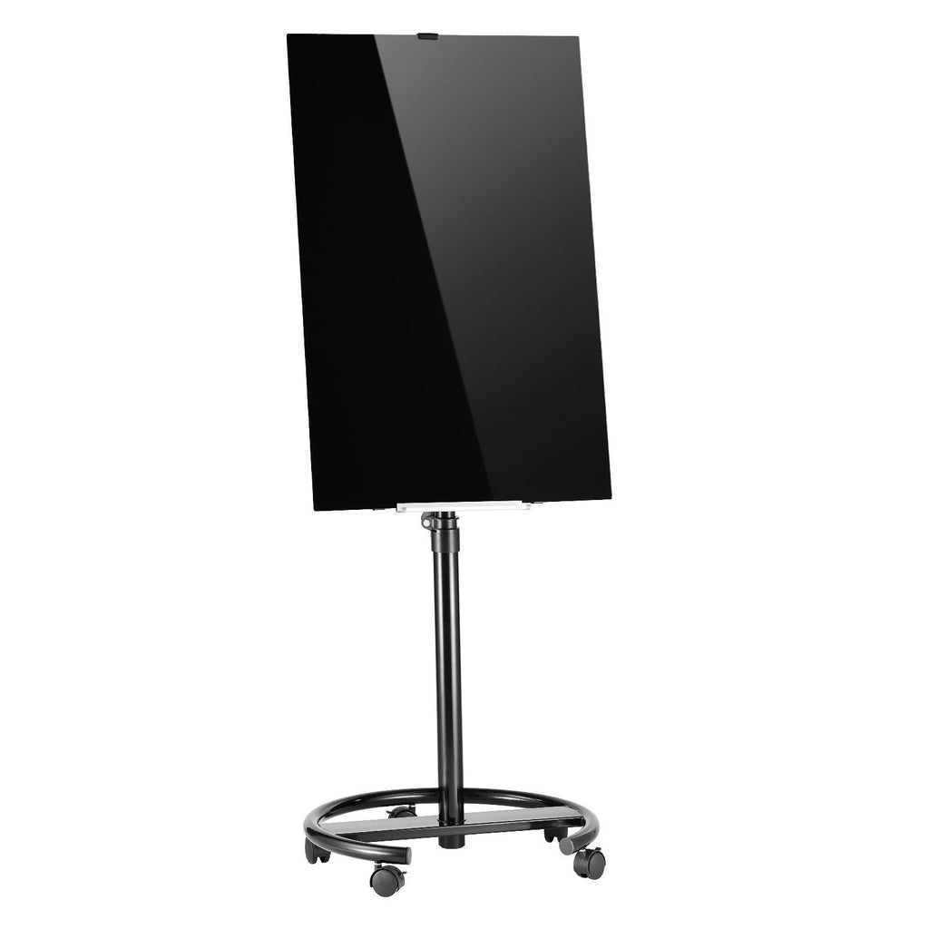 Glass Dry Erase Board 35.4 x 23.6 in Magnetic Whiteboard Round Base, Frameless, Mobile with Stand and Wheels, Includes Markers, Magnets and Eraser, for Office, School Classroom, Home, Black