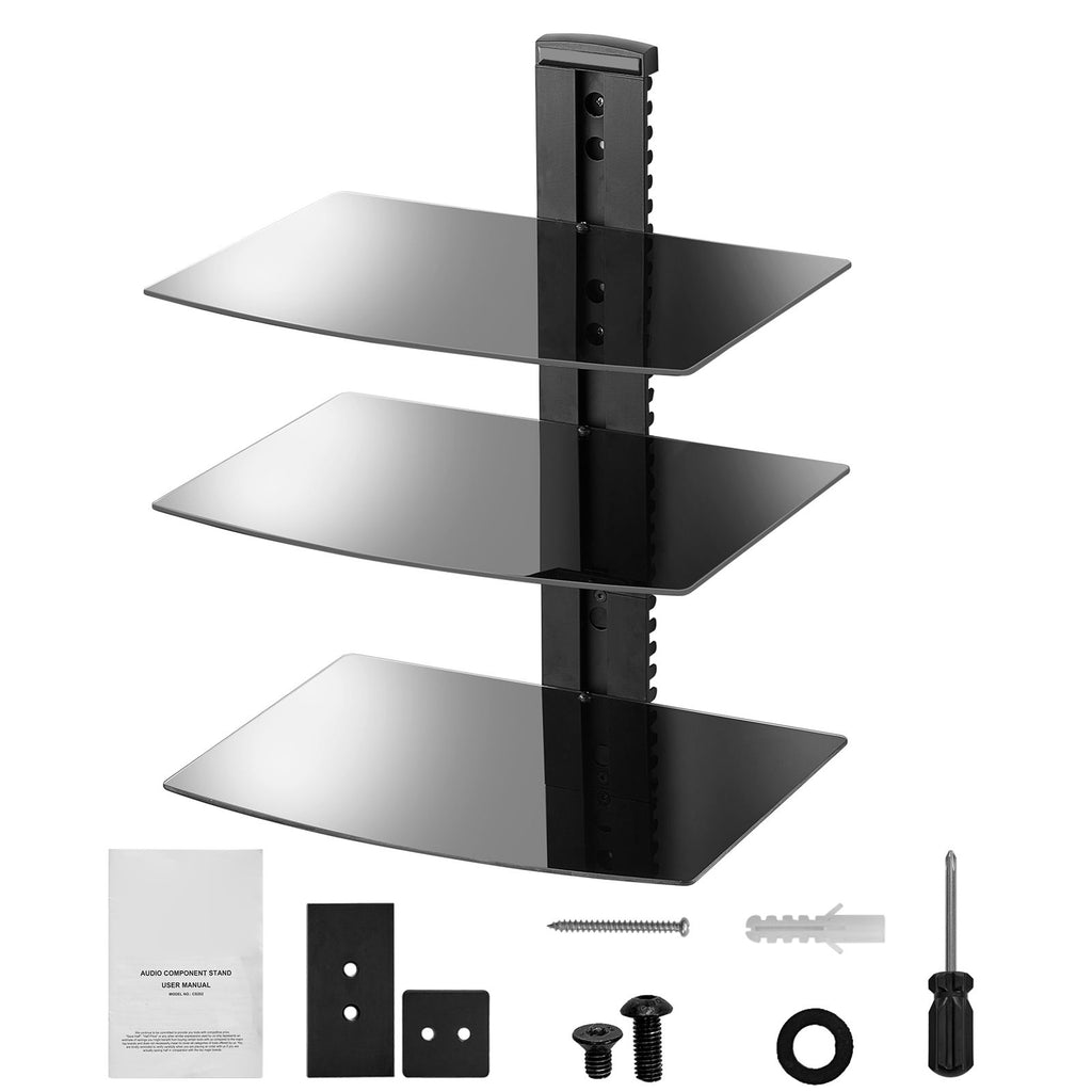 Glass Floating Shelves, Holds up to 18 lbs, TV Wall Mount with Shelf, Strengthened Floating Entertainment Center for DVD Players / PS4 / Cable Boxes/Game Consoles/Sky Box/TV Accessories-3 Tiers